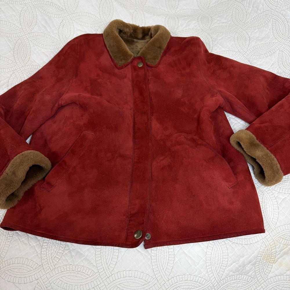 VTG Neiman Marcus vintage Red Shearling Suede Brown Sherpa Lined Bomber Pockets